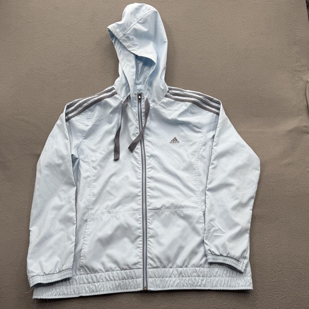 Adidas Jacket Womens Medium Light Blue Hooded Full Zip Windbreaker 3 Stripe Logo